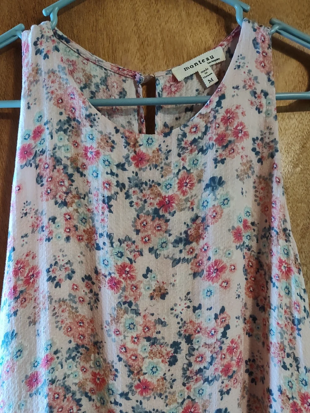 Monteau Los Angeles Layered Sleeveless Blouse Blush Pink Aqua Ditsy Floral Med - Picture 2 of 11